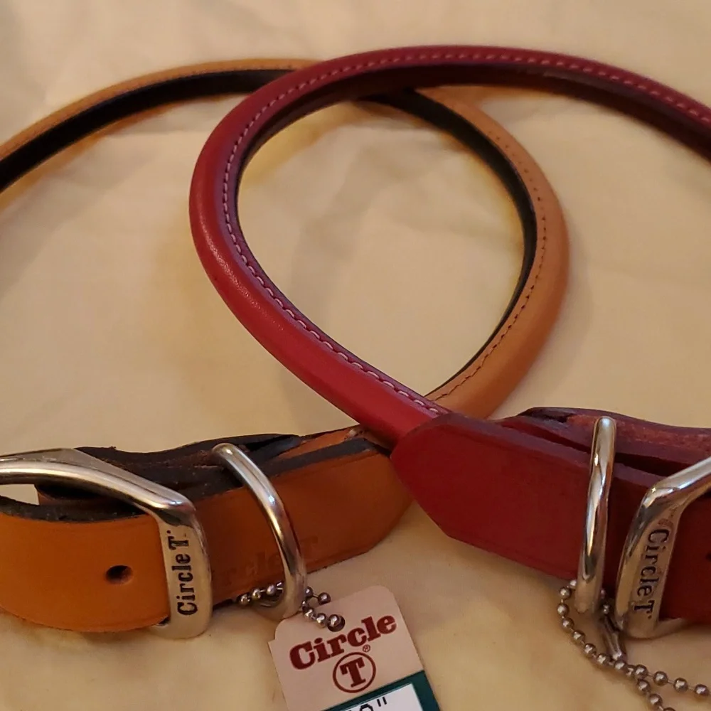 Dog collars set of 2 real rolled leather in red and tan size 22